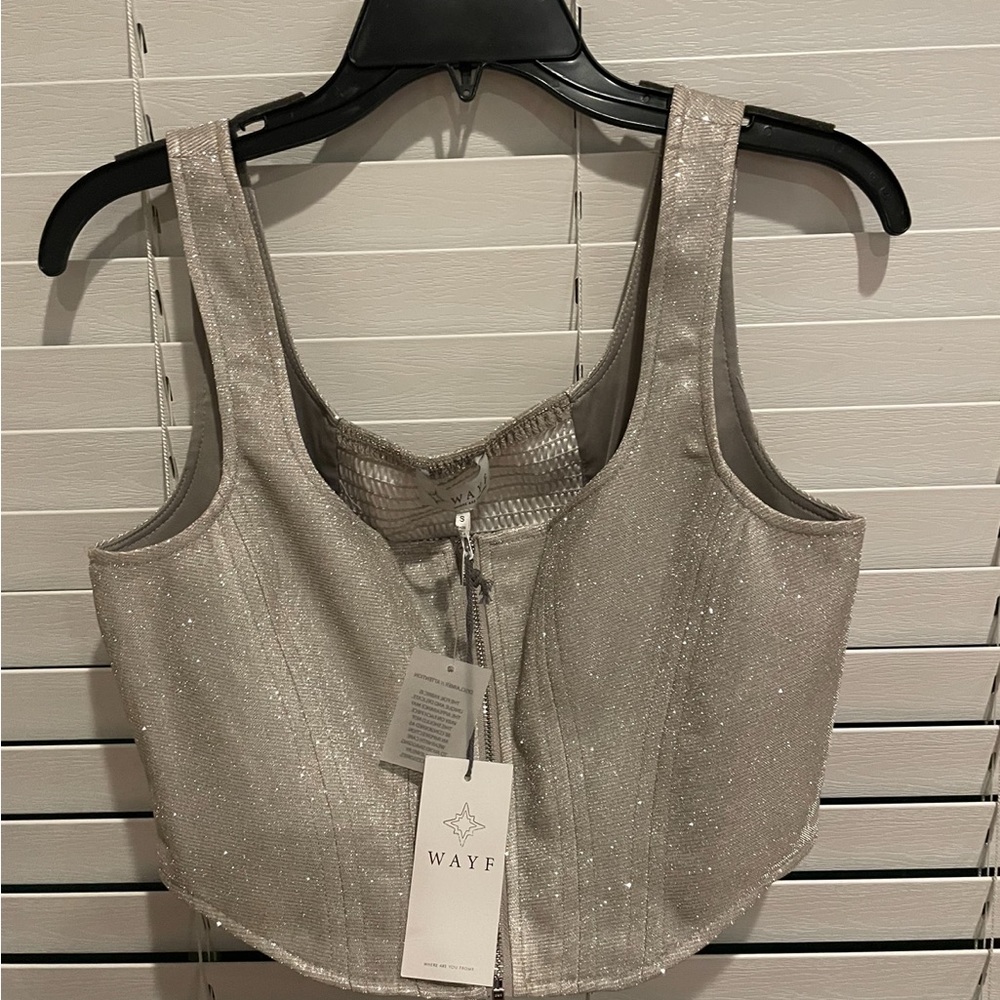 Brand New With Tags WAYF Silver Metallic Snap Front Bustier. Size Small
